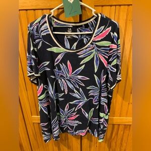 Secret Treasures Navy Leaf Print Women's Top
